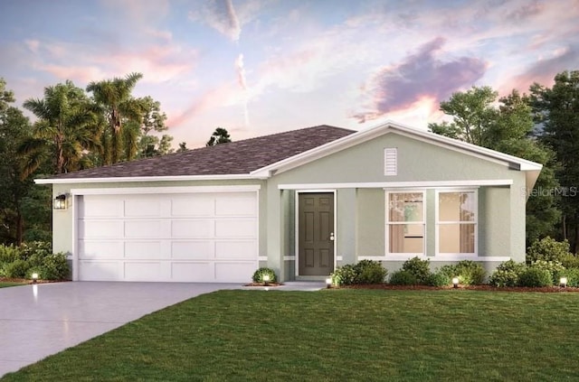 ranch-style home featuring a garage and a lawn