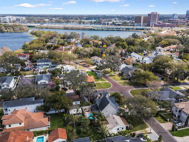 aerial view featuring a water view and a residential view