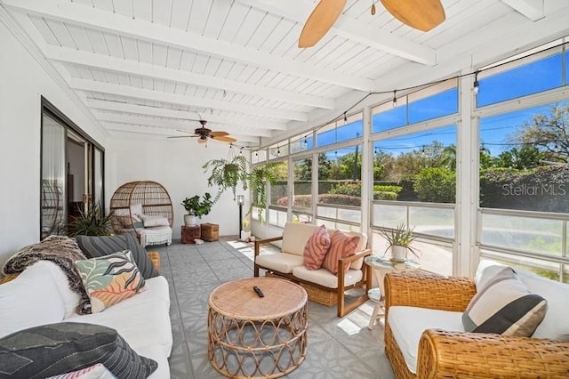 sunroom / solarium featuring beamed ceiling, a healthy amount of sunlight, and ceiling fan