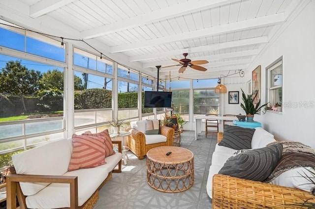 sunroom / solarium with beam ceiling and a ceiling fan