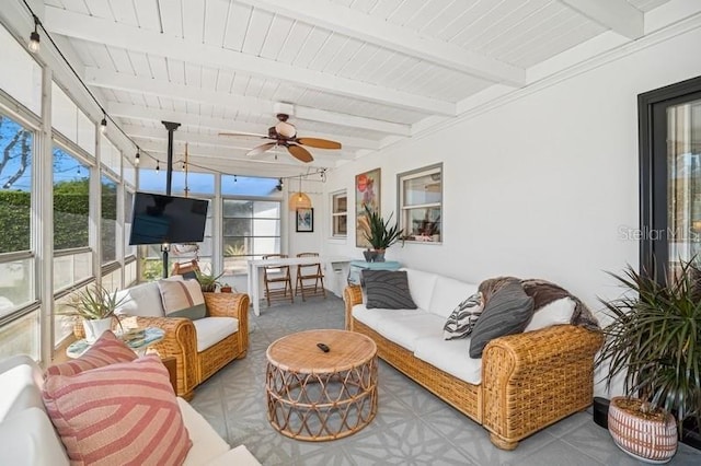 sunroom / solarium featuring beam ceiling, wood ceiling, and ceiling fan