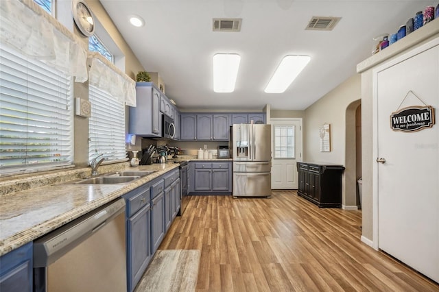 kitchen with stainless steel appliances, a sink, visible vents, light wood-style floors, and light countertops