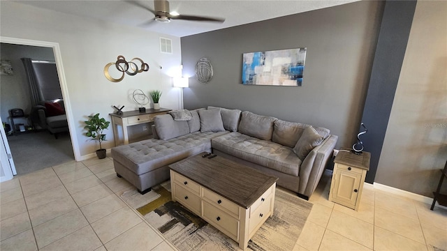 136 Mcleods Way, Winter Springs, FL 32708 - living room featuring light tile patterned floors, a ceiling fan, and baseboards