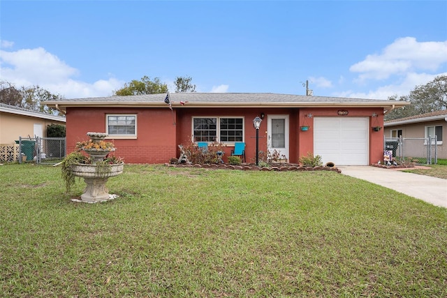 ranch-style home with a garage, concrete driveway, fence, a front lawn, and brick siding