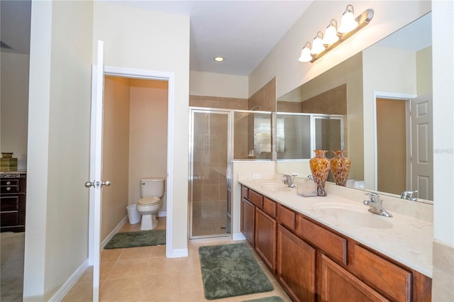 full bathroom with tile patterned flooring, a sink, a shower stall, and toilet