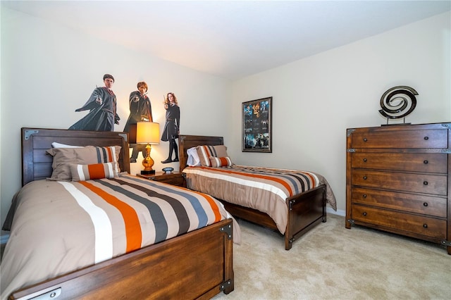 bedroom with light colored carpet