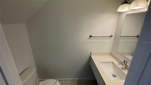 bathroom with toilet, vanity, and wood-type flooring