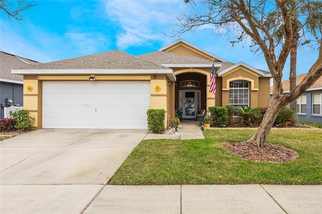 ranch-style house featuring concrete driveway, a front lawn, a shingled roof, stucco siding, and a garage