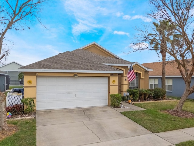 130 Bloomingdale Dr, Davenport, FL 33897 - single story home featuring stucco siding, concrete driveway, a shingled roof, a garage, and a front lawn