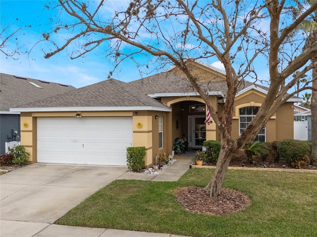 130 Bloomingdale Dr, Davenport, FL 33897 - view of front of house with stucco siding, a shingled roof, a front yard, an attached garage, and concrete driveway