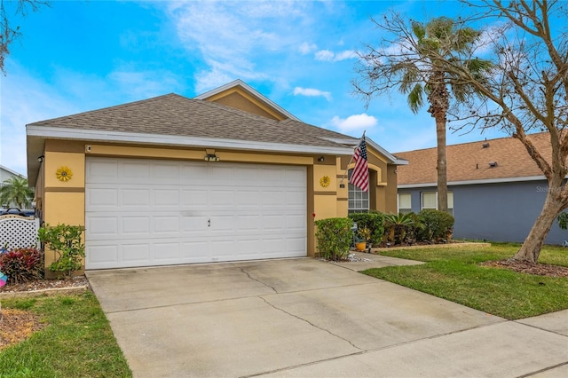 130 Bloomingdale Dr, Davenport, FL 33897 - ranch-style home with driveway, stucco siding, a garage, roof with shingles, and a front yard