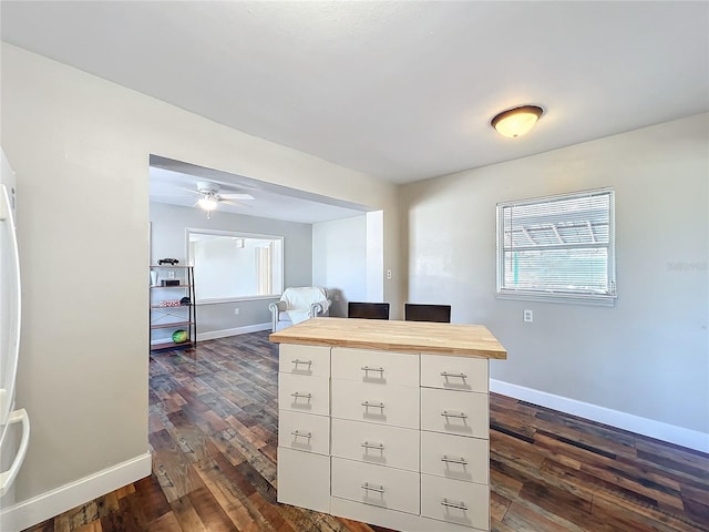 interior space with ceiling fan and dark wood-type flooring