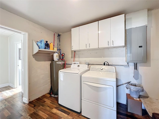 laundry room with cabinets, electric panel, dark hardwood / wood-style flooring, and independent washer and dryer