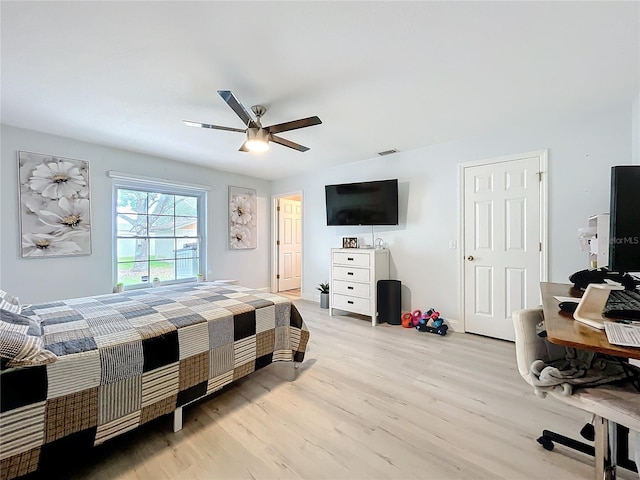 bedroom featuring ceiling fan and light wood-type flooring