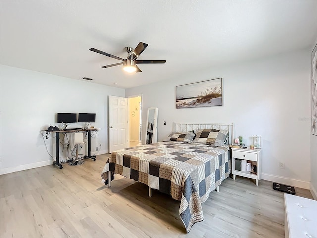 bedroom with light wood-type flooring, visible vents, ceiling fan, and baseboards