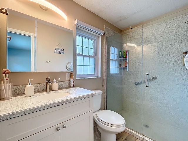 bathroom with toilet, a textured ceiling, a shower stall, wood finished floors, and vanity