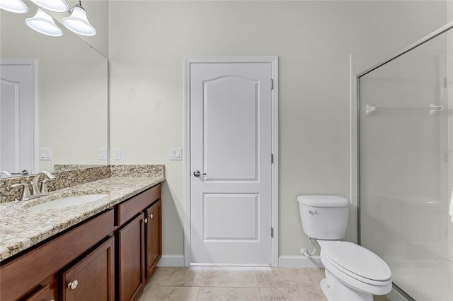 full bath featuring vanity, a shower stall, toilet, and baseboards