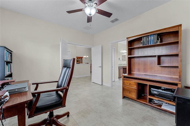 home office featuring baseboards, visible vents, and a ceiling fan