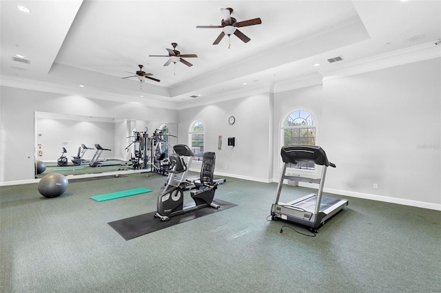 workout area with a raised ceiling and ornamental molding