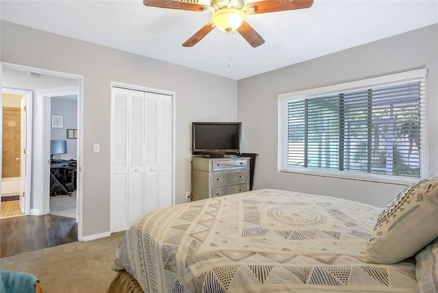 bedroom with ceiling fan, a closet, carpet, and baseboards