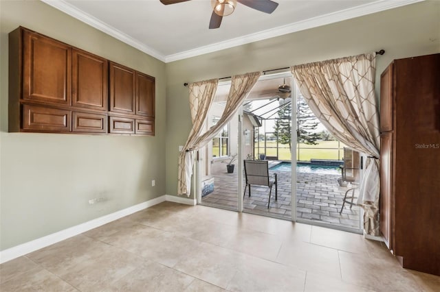 doorway to outside with ornamental molding, light tile patterned flooring, and ceiling fan