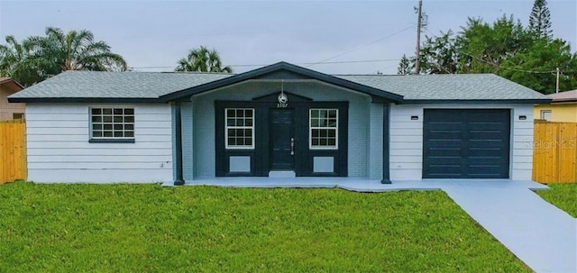 single story home with a front lawn and a garage