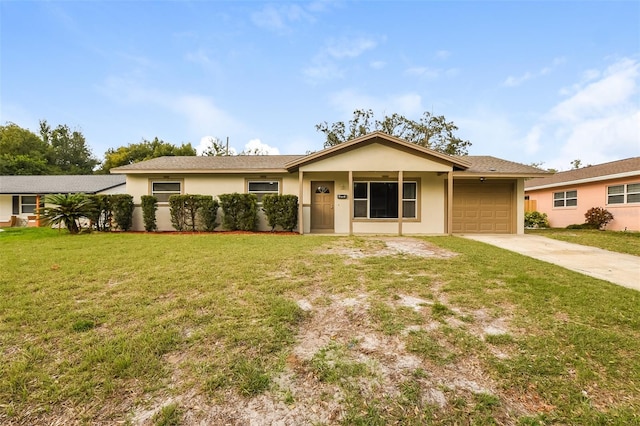 single story home with a front lawn and a garage