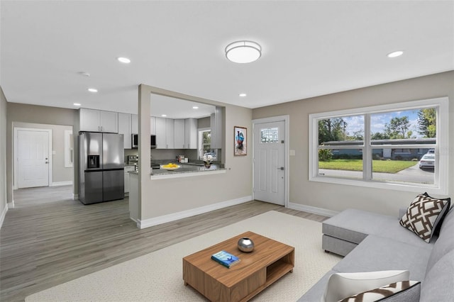 living area featuring baseboards, wood finished floors, and recessed lighting