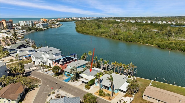 drone / aerial view featuring a water view