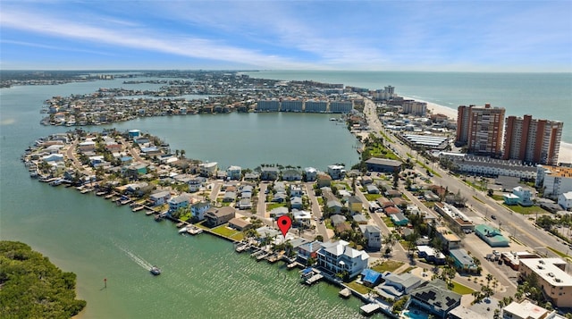 bird's eye view featuring a view of city and a water view