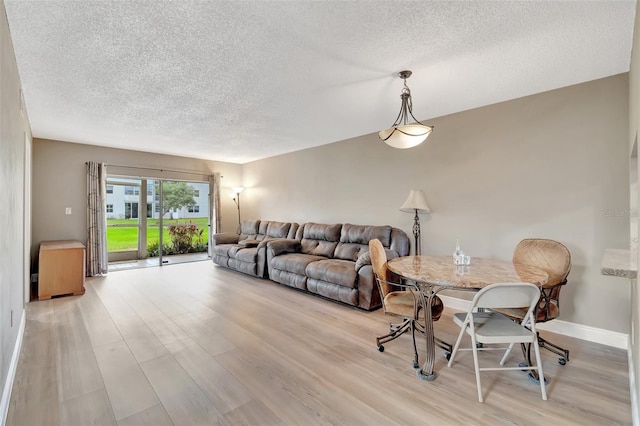 living room with a textured ceiling and light hardwood / wood-style flooring