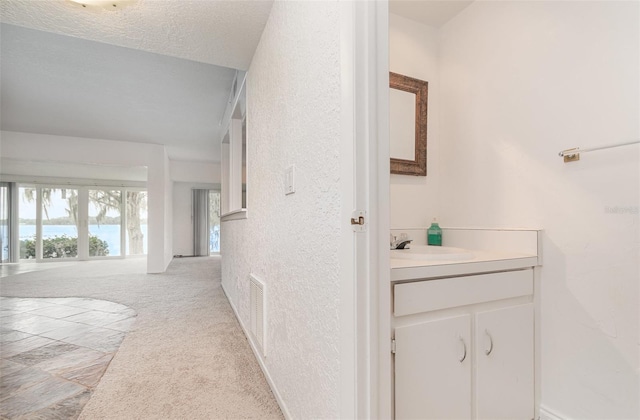 hall with light carpet, a sink, visible vents, and a textured ceiling