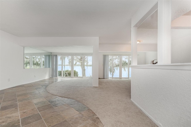 empty room featuring stone finish flooring, baseboards, and carpet flooring