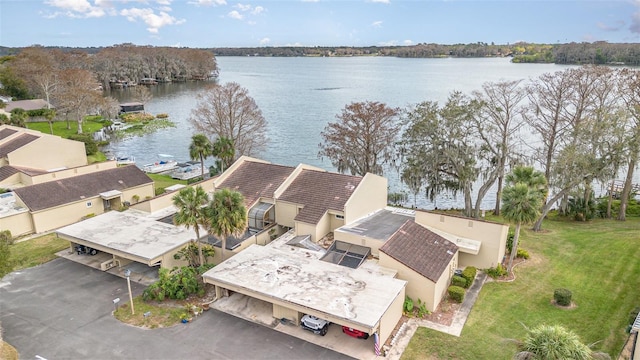 drone / aerial view featuring a water view