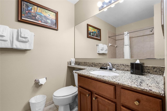 bathroom with toilet, tile patterned floors, vanity, and a shower with curtain