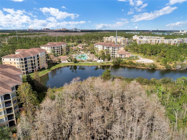 drone / aerial view with a water view