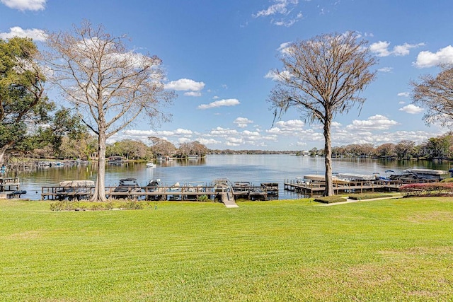 dock area with a lawn and a water view