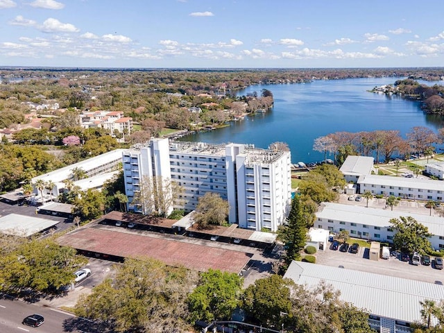 drone / aerial view with a water view