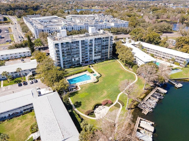 drone / aerial view with a water view