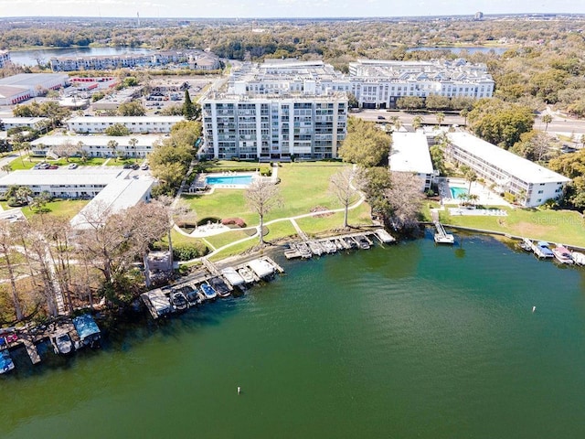 aerial view featuring a water view