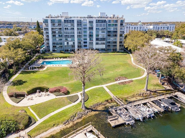 aerial view featuring a water view