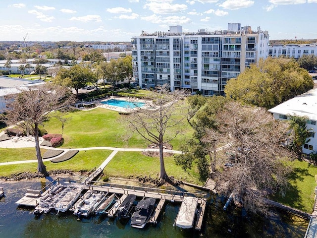 drone / aerial view with a water view