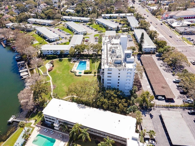 drone / aerial view featuring a water view