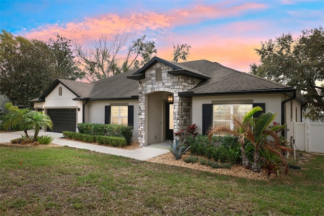 view of front of property featuring a garage and a lawn