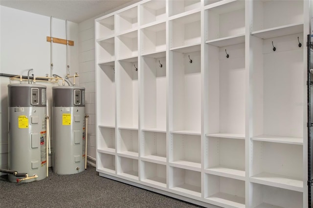 mudroom with carpet floors, hybrid water heater, and water heater