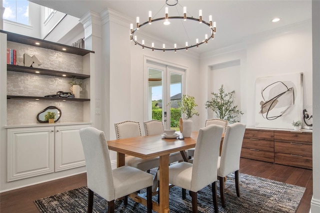 dining room with crown molding, recessed lighting, a notable chandelier, and dark wood-style floors