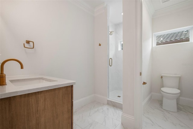 full bathroom featuring a shower stall, marble finish floor, a sink, and crown molding