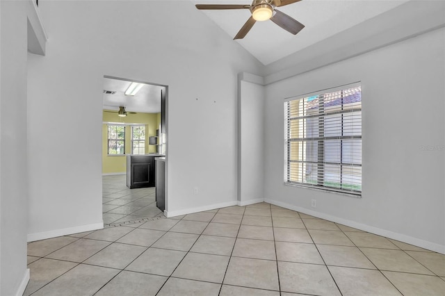 1008 Birkdale Trl, Winter Springs, FL 32708 - empty room with a ceiling fan, high vaulted ceiling, baseboards, and light tile patterned floors