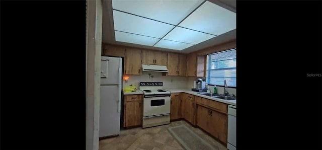 kitchen with white appliances, brown cabinetry, range hood, light countertops, and a sink