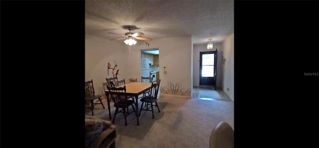 carpeted dining room featuring a ceiling fan and a textured ceiling